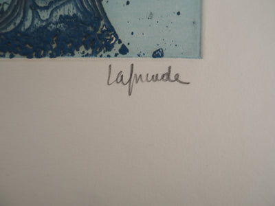 Roland LAFORCADE : Orgnac bleu, Gravure originale signée