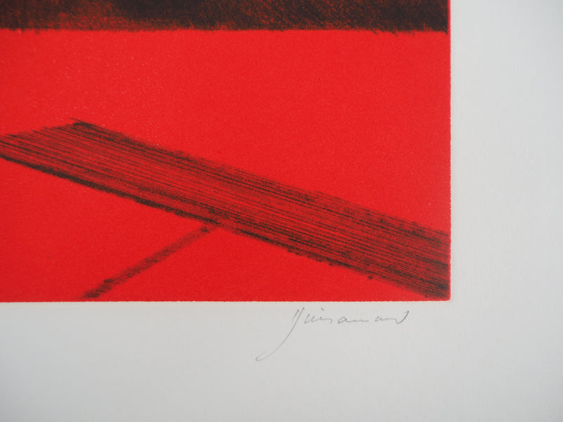 Paul GUIRAMAND : Nature morte rouge, Gravure originale signée