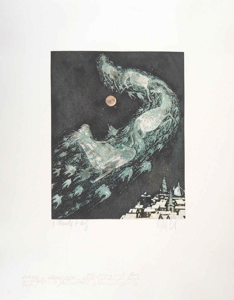 Lars BO : Traîneau et la reine des neiges - Gravure originale signée