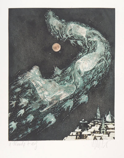 Lars BO : Traîneau et la reine des neiges - Gravure originale signée