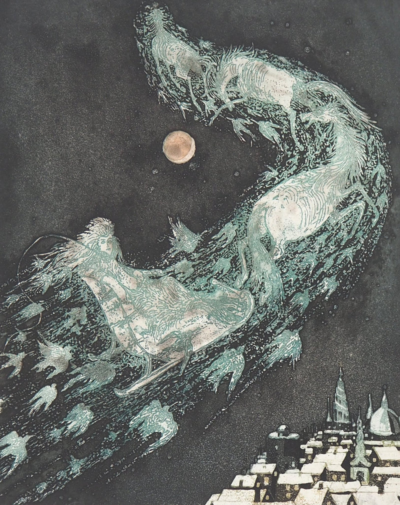 Lars BO : Traîneau et la reine des neiges - Gravure originale signée