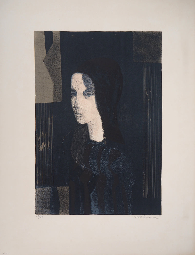 André MINAUX: Female portrait, Original signed lithograph