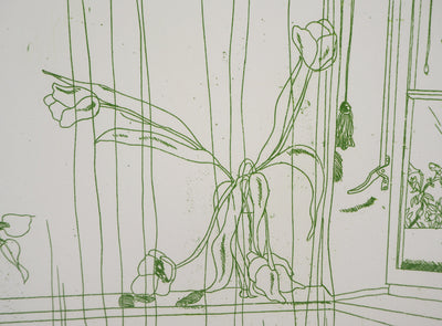 Gudrun VON LEITNER : Bouquet de tulipes à la fenêtre, Gravure originale signée