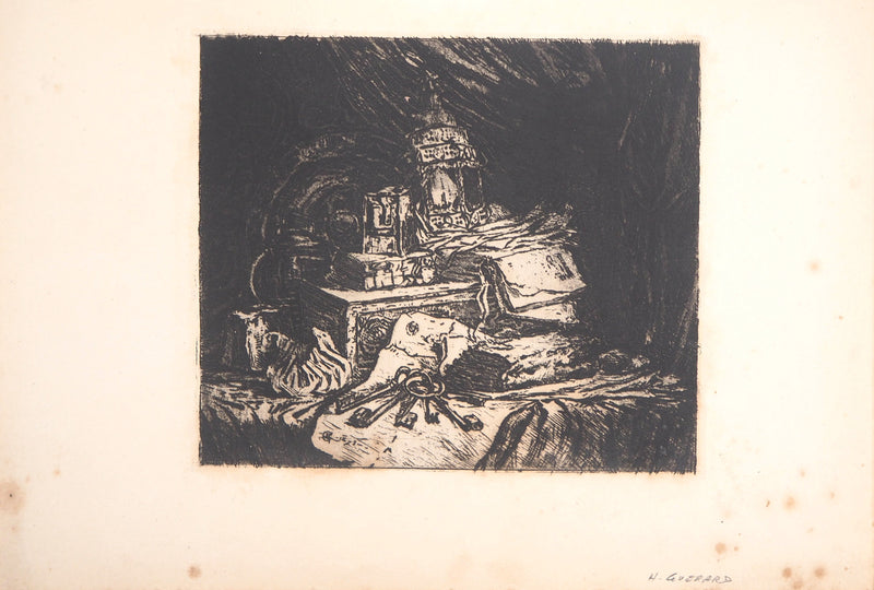 Henri GUERARD : Lanterne, coffre et clés, Gravure originale signée