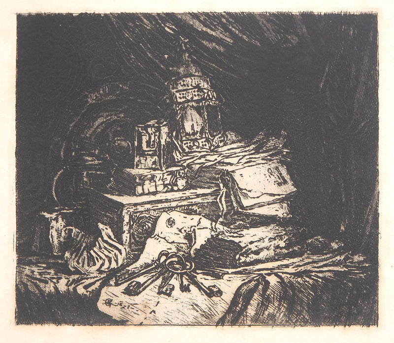 Henri GUERARD : Lanterne, coffre et clés, Gravure originale signée