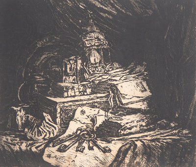 Henri GUERARD : Lanterne, coffre et clés, Gravure originale signée