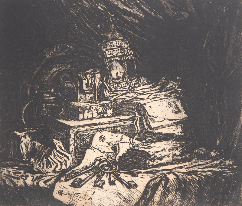 Henri GUERARD : Lanterne, coffre et clés, Gravure originale signée