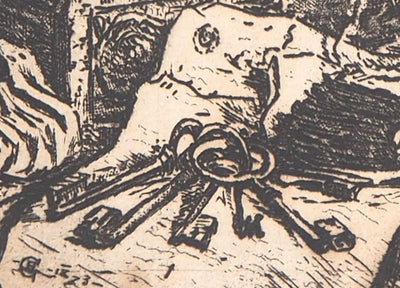 Henri GUERARD : Lanterne, coffre et clés, Gravure originale signée