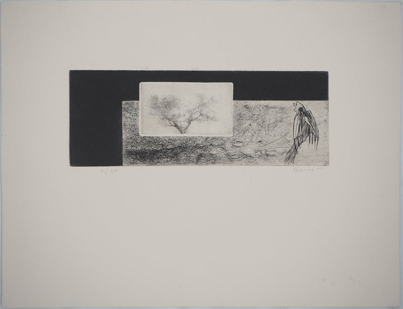 Michel  QUERIOZ : L’arbre et l’oiseau, Gravure originale signée