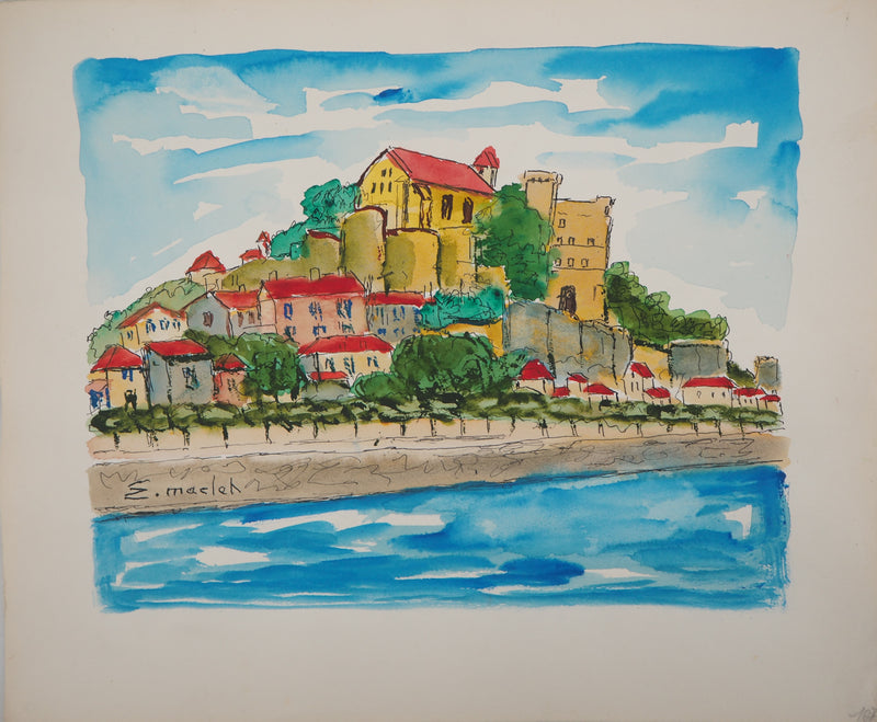 Elisée MACLET : Le village fortifié, Aquarelle originale signée