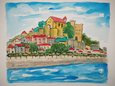 Elisée MACLET : Le village fortifié, Aquarelle originale signée