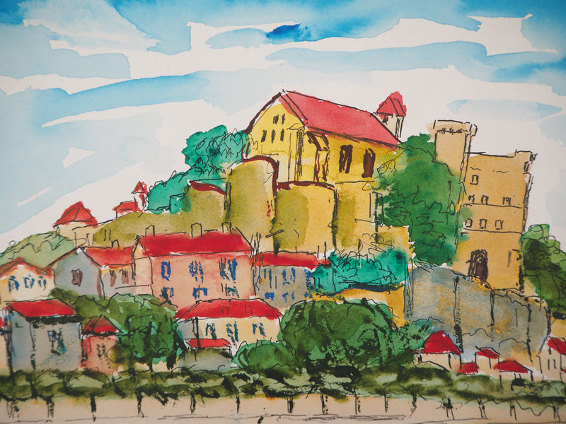 Elisée MACLET : Le village fortifié, Aquarelle originale signée