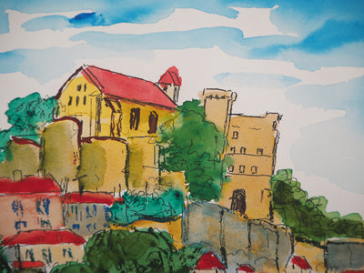 Elisée MACLET : Le village fortifié, Aquarelle originale signée