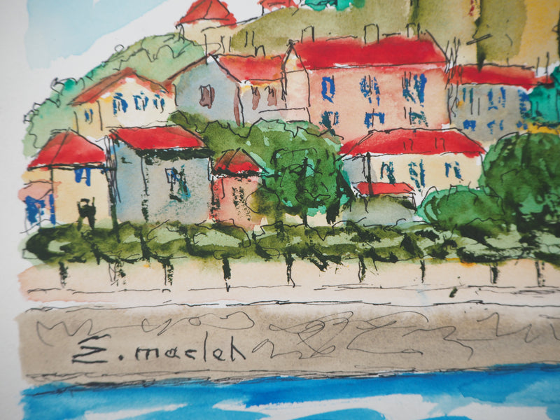 Elisée MACLET : Le village fortifié, Aquarelle originale signée