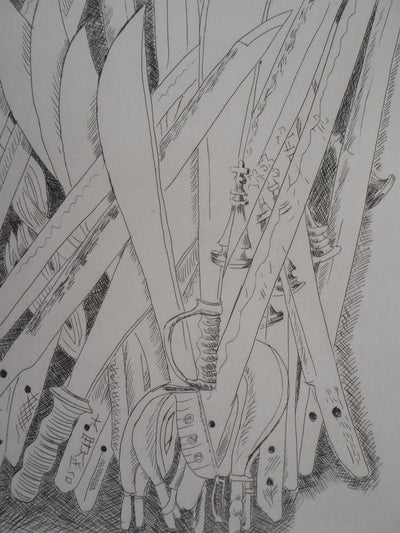 ARMAN : La Paix : Accumulation de sabres, Gravure originale signée