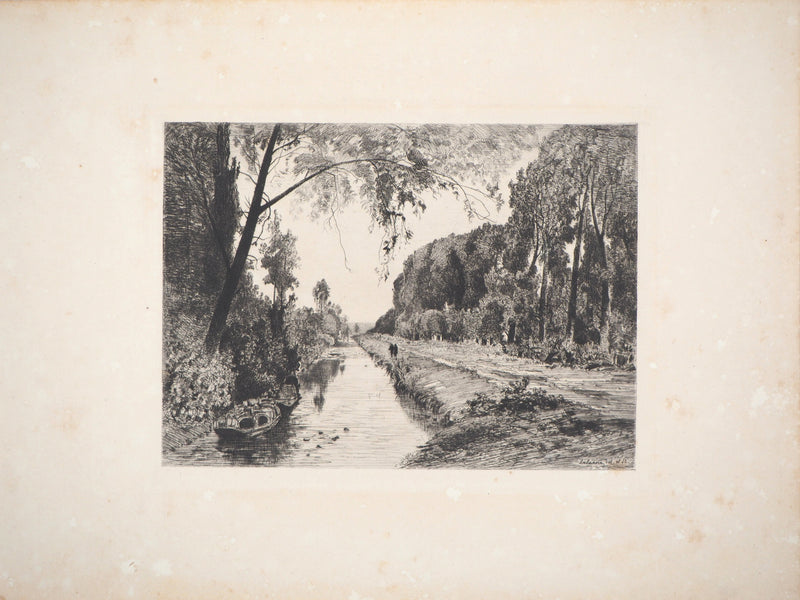 Maxime LALANNE : Chemin de halage au bord du canal, Gravure originale signée
