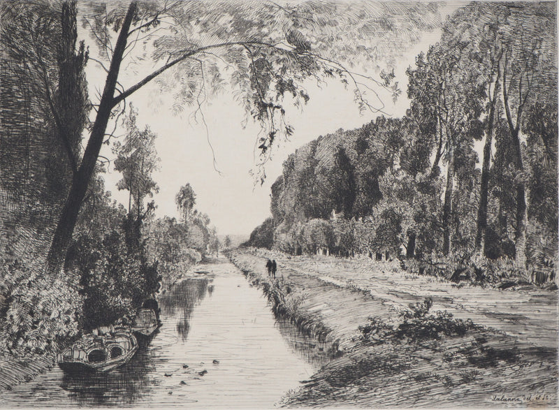 Maxime LALANNE : Chemin de halage au bord du canal, Gravure originale signée