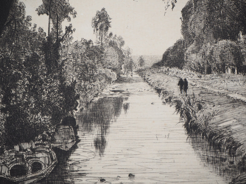 Maxime LALANNE : Chemin de halage au bord du canal, Gravure originale signée