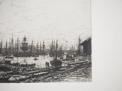 Maxime LALANNE : Dans le port de Bordeaux, Gravure originale signée