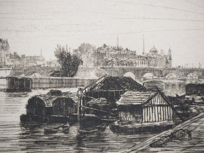 Maxime LALANNE : Paris, Vue prise du Pont St-Michel, Gravure originale signée