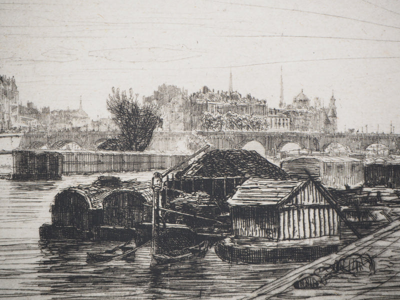 Maxime LALANNE : Paris, Vue prise du Pont St-Michel, Gravure originale signée