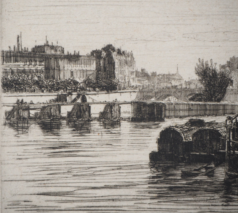 Maxime LALANNE : Paris, Vue prise du Pont St-Michel, Gravure originale signée