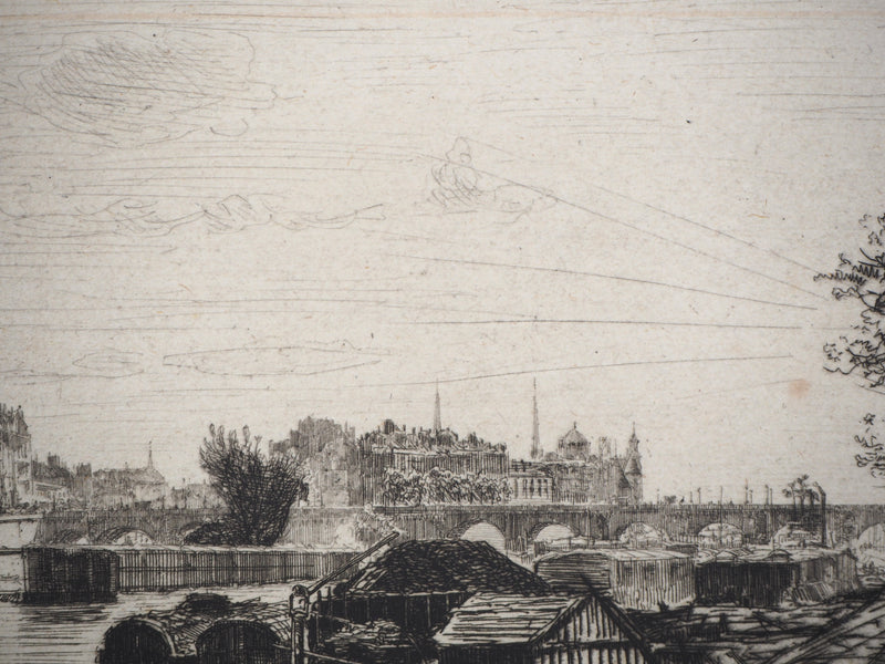Maxime LALANNE : Paris, Vue prise du Pont St-Michel, Gravure originale signée