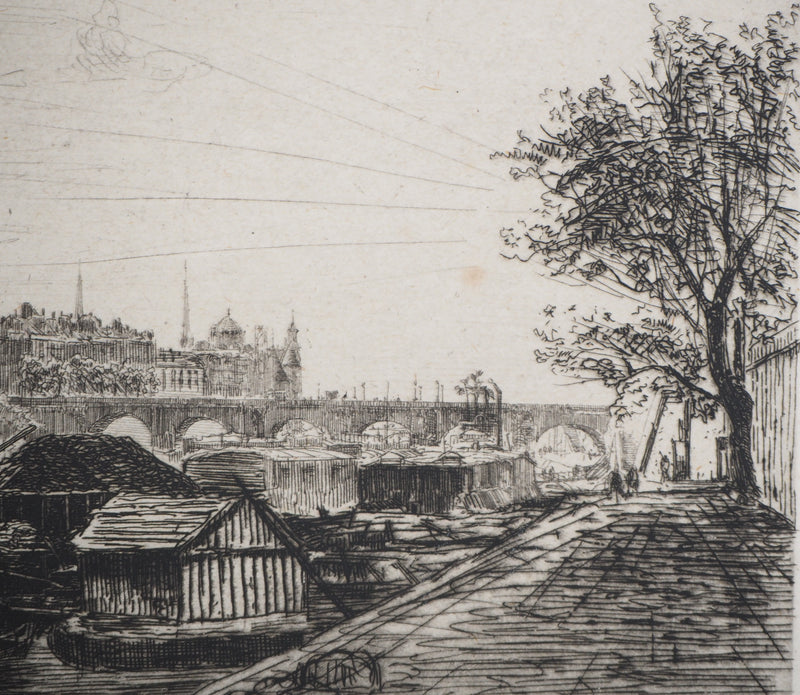 Maxime LALANNE : Paris, Vue prise du Pont St-Michel, Gravure originale signée
