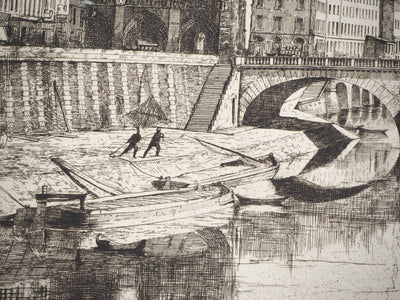 BT Henri Alexandre SAFFREY: A bridge over the Seine, Original signed engraving