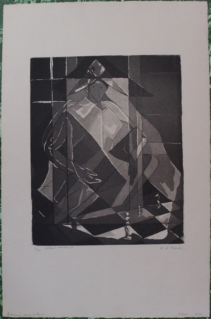 Christian d’ESPIC : Arlequin aux échecs, Gravure originale signée