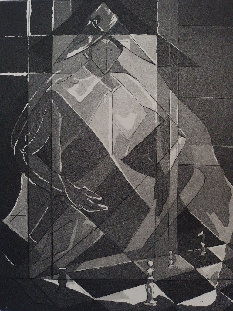 Christian d’ESPIC : Arlequin aux échecs, Gravure originale signée