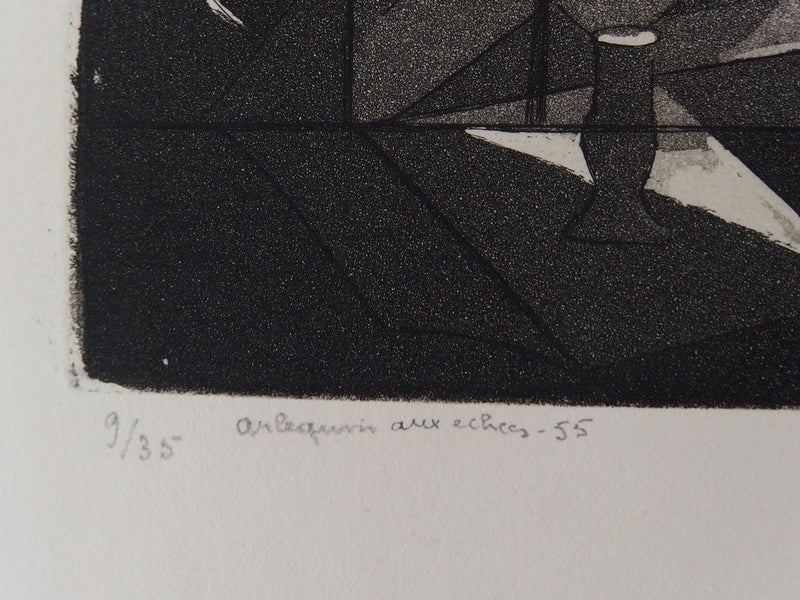 Christian d’ESPIC : Arlequin aux échecs, Gravure originale signée