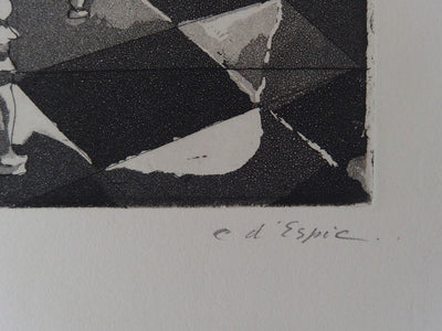 Christian d’ESPIC : Arlequin aux échecs, Gravure originale signée