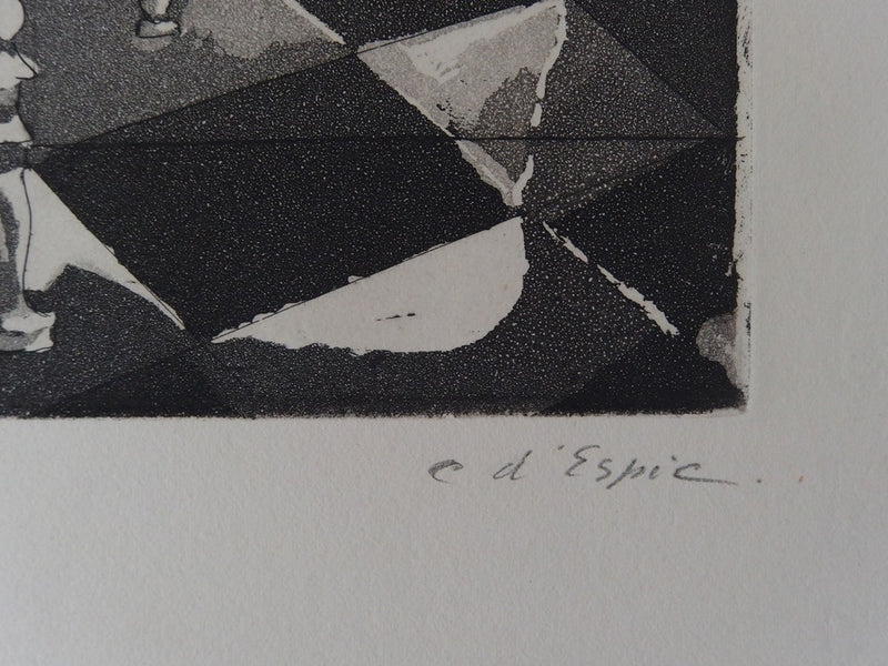 Christian d’ESPIC : Arlequin aux échecs, Gravure originale signée