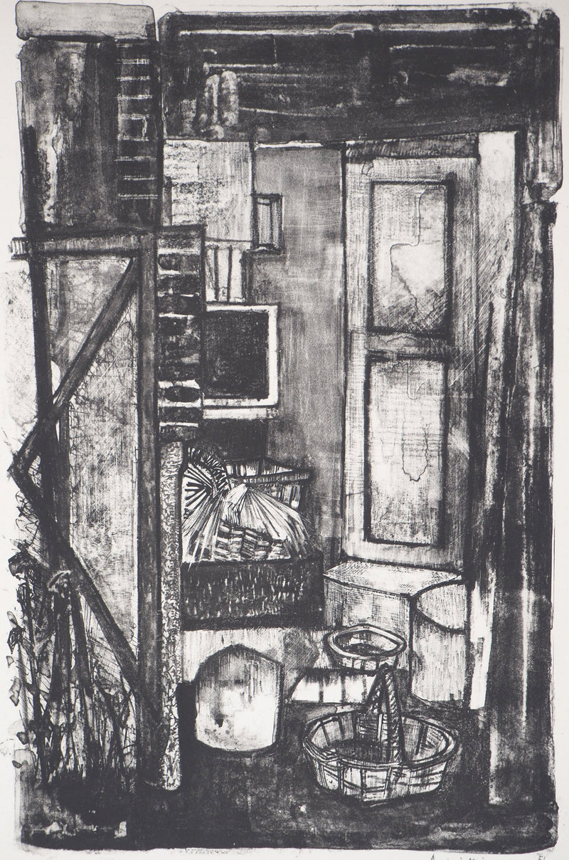 André MINAUX : Le grenier, Lithographie originale signée