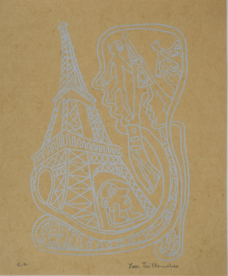 Yvon TAILLANDIER : Paris, La Tour Eiffel en argenté sur crème, Sérigraphie originale signée