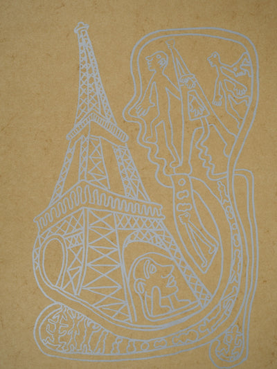 Yvon TAILLANDIER : Paris, La Tour Eiffel en argenté sur crème, Sérigraphie originale signée