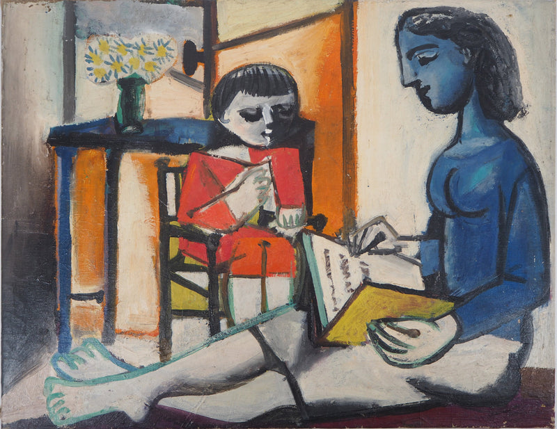 Carlos CARNERO : Femme et enfant lisant, Huile sur toile signée