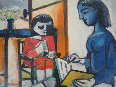 Carlos CARNERO : Femme et enfant lisant, Huile sur toile signée