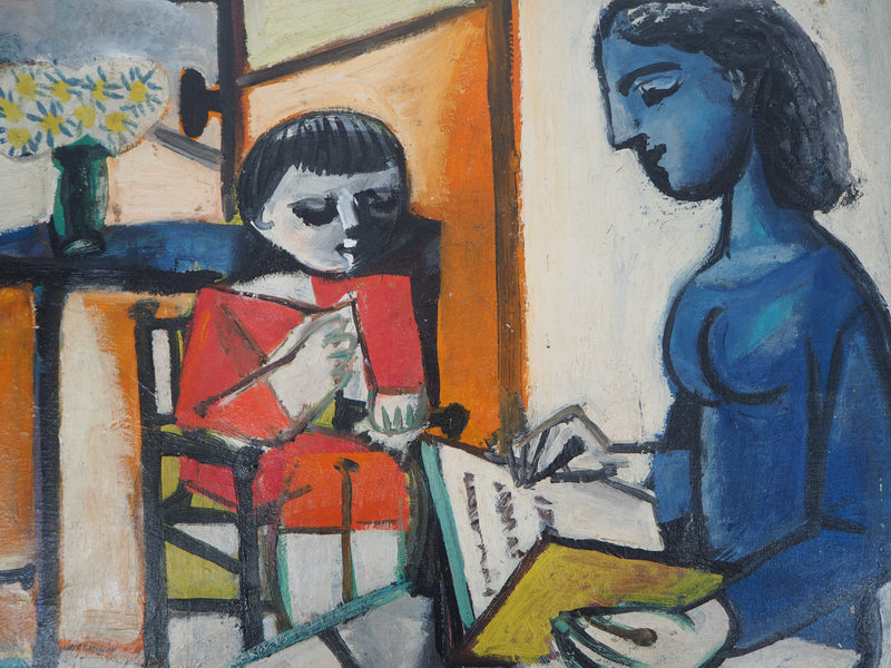 Carlos CARNERO : Femme et enfant lisant, Huile sur toile signée