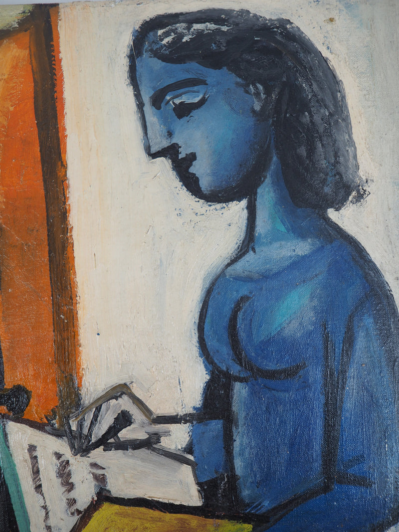 Carlos CARNERO : Femme et enfant lisant, Huile sur toile signée