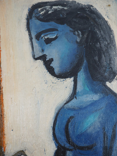 Carlos CARNERO : Femme et enfant lisant, Huile sur toile signée