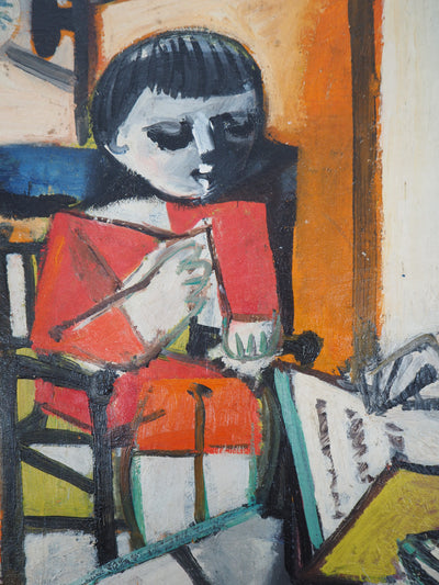 Carlos CARNERO : Femme et enfant lisant, Huile sur toile signée