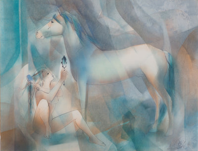 Jean-Baptiste VALADIE : Jeune femme et étalon blanc, Aquarelle originale (vue générale) - Crédit photo : Galerie Art.Paris