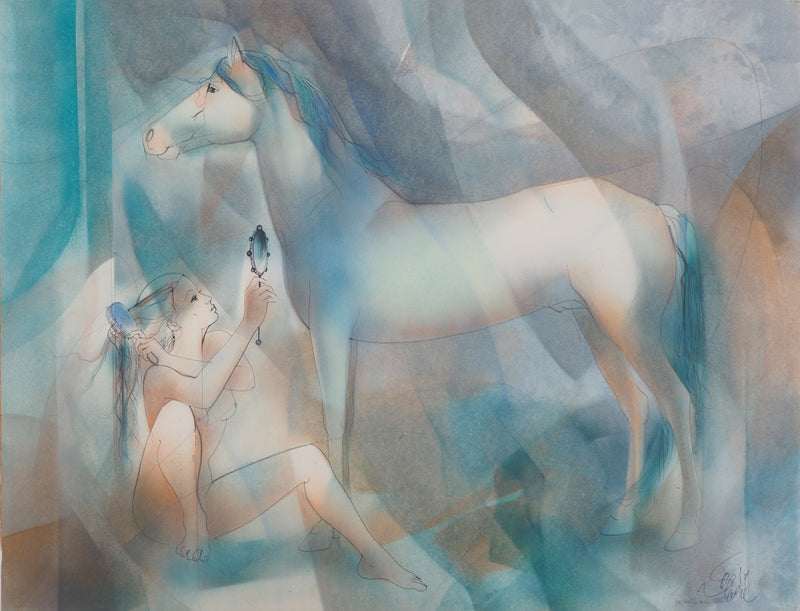 Jean-Baptiste VALADIE : Jeune femme et étalon blanc, Aquarelle originale (vue générale) - Crédit photo : Galerie Art.Paris