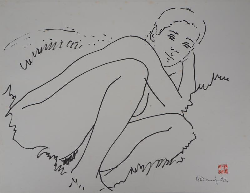 Alain BONNEFOIT : Nu au jardin - Dessin signé