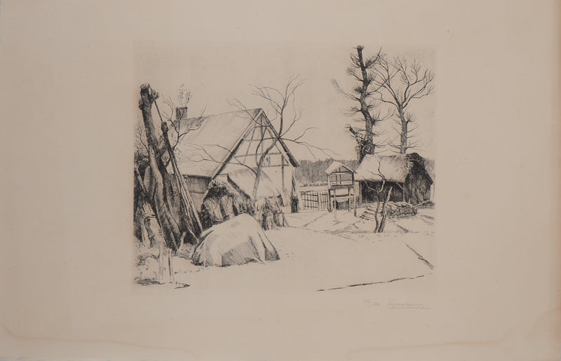 Eugène CORNEAU : Ferme sous la neige, Gravure originale signée