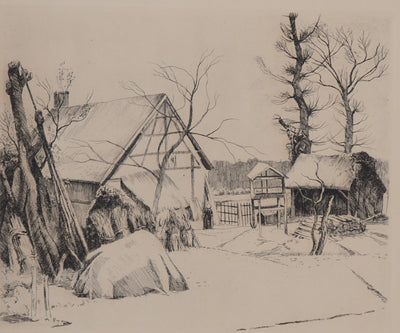Eugène CORNEAU : Ferme sous la neige, Gravure originale signée
