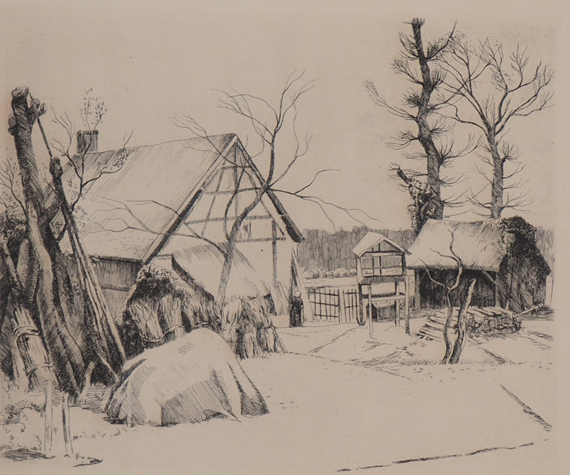 Eugène CORNEAU : Ferme sous la neige, Gravure originale signée