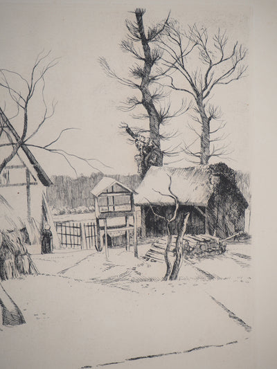 Eugène CORNEAU : Ferme sous la neige, Gravure originale signée